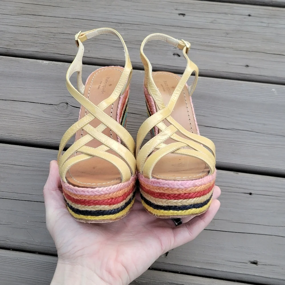 Kate‎ Spade Lindsey Nude Leather Strappy Rainbow Espadrille Platform Sandals 7.5